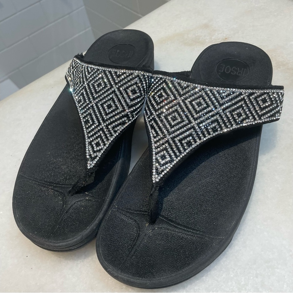 IRSOE Women's Black Glitter Sandals